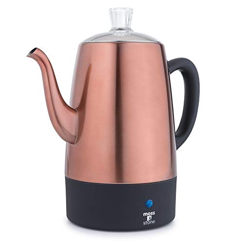 Moss & Stone Electric Coffee Percolator Copper Body with Stainless Steel Lids Coffee Maker | Percolator Electric Pot – 10 Cups, Copper Camping Coffee Pot