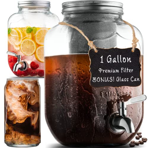 1 Gallon Cold Brew Coffee Maker, with 3rd Generation Mesh Filter & Stainless Steel Spigot, Extra Thick Large Glass Mason Jar Drink Dispenser Carafe, Iced Coffee Maker & Sun Tea Pitcher with Infuser.