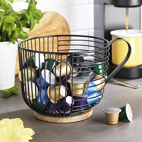 Coffee Pod Holder – Large Capacity Black Wire Kup Storage with Wooden Base – Modern Coffee Basket Decor for Kitchen Countertop for Pods & Espresso Capsules