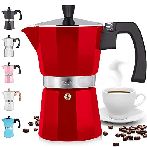Zulay Classic Stovetop Espresso Maker for Great Flavored Strong Espresso, Classic Italian Style 3 Espresso Cup Moka Pot, Makes Delicious Coffee, Easy to Operate & Quick Cleanup Pot (Red)