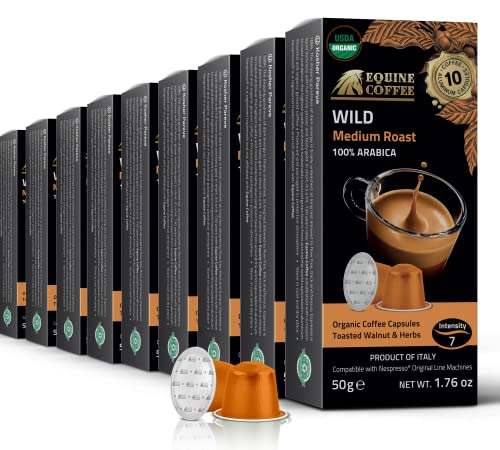 Organic USDA Equine Coffee Aluminum Espresso Pods for Nespresso Original Brewers | 100 Pack Italian Nespresso Compatible Capsules | 100% Arabica Medium Roast Intensity # 7 | OU Kosher (Wild)