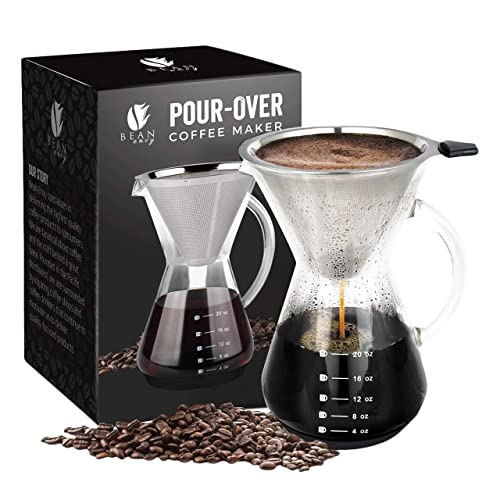 Bean Envy Pour Over Coffee Maker – 5 Cup Borosilicate Glass Carafe – Rust Resistant Stainless Steel Paperless Filter/Dripper – Includes Custom Silicone Sleeve