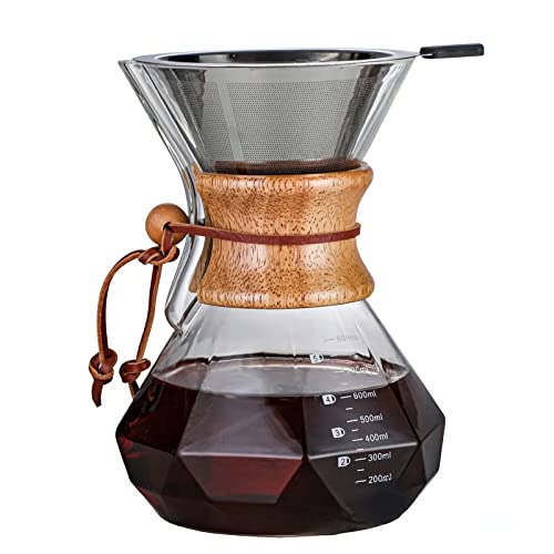 HYAXGM Pour Over Coffee Maker with Wood Sleeve，27oz/800ml,Glass Coffee Pot with Stainless Steel (27oz/800ml)