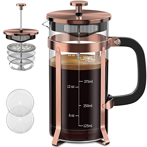 QUQIYSO French Press Coffee Maker 304 Stainless Steel French Press with 4 Filter, Heat Resistant Durable, Easy to Clean, Borosilicate Glass Coffee Press, 100% BPA Free Glass Teapot, 21 ounce, copper