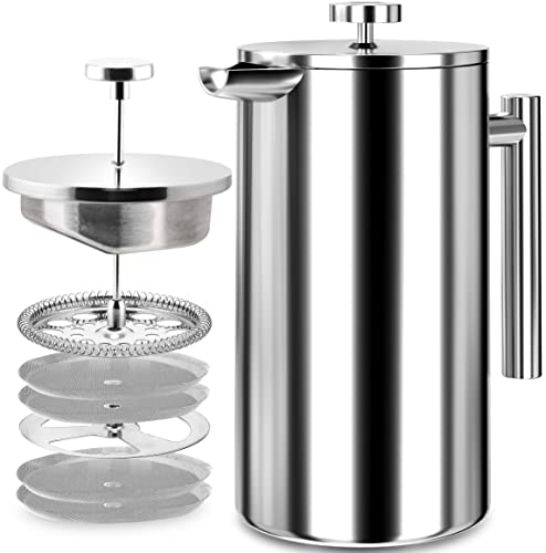 Utopia Kitchen 50oz French Press Coffee Maker, 18/10 Stainless Steel Double Wall Insulated Coffee Press with 2 Extra Filters – Silver