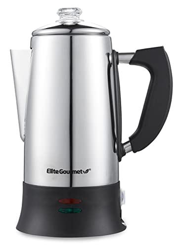 Elite Gourmet EC922 Electric Coffee Percolator, Glass Clear Brew Progress Knob, Cool-Touch Handle, Cordless Serve, 12-Cup, Stainless Steel