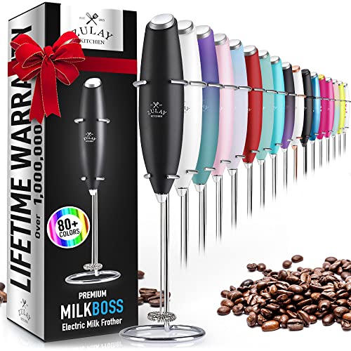 Zulay Powerful Milk Frother Handheld Foam Maker for Lattes – Whisk Drink Mixer for Coffee, Mini Foamer for Cappuccino, Frappe, Matcha, Hot Chocolate by Milk Boss (Black)