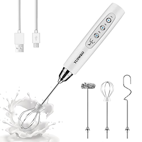 Rechargeable Milk Frother Handheld with 3 Heads, Cream Coffee Electric Whisk Drink Foam Mixer, Mini Hand Stirrer with 3 Speeds Adjustable for Latte, Cappuccino, Hot Chocolate, Egg