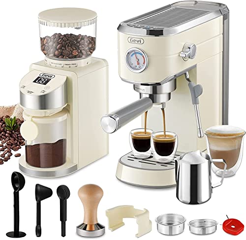 Gevi 20 Bar Compact Professional Espresso Coffee Machine with Milk Frother for Espresso, Latte and Cappuccino Burr Coffee Grinder with 35 Precise Grind Settings, Beige