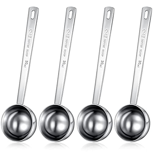 4 Pieces 30 ml Stainless Steel Coffee Scoops with Long Handle, 2 Tablespoon Long Handle Spoon for Coffee Milk Fruit Powder, Measuring Dry and Liquid Ingredients, Spice Jar, Cooking Baking, Leveler