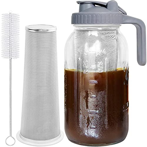 Cold Brew Coffee Maker Jar – 64oz Thick Glass Multipurpose Mason Pitcher Spout Lid with Handle & Stainless Steel Filter for Iced Brew Coffee, Lemonade, Ice Tea, Homemade Fruit Drinks Container