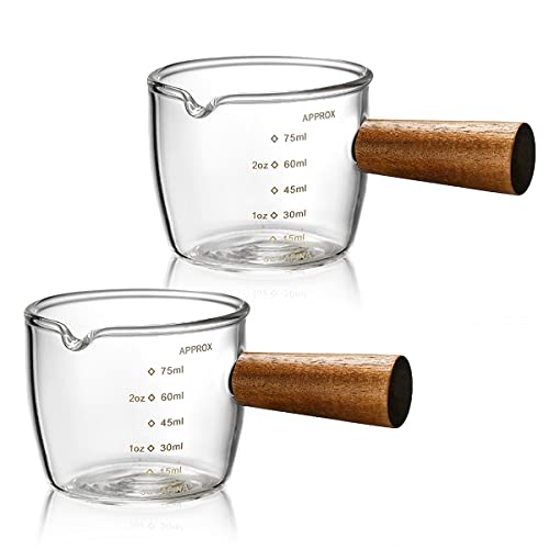 Single Spout Espresso Coffee Shot Glass with Wood Handle Measuring Cup Triple Pitcher Milk Cup Coffee Replacement Carafe for Barista Coffee Carafe Milk Espresso Making, 75 ml (2 Pieces)