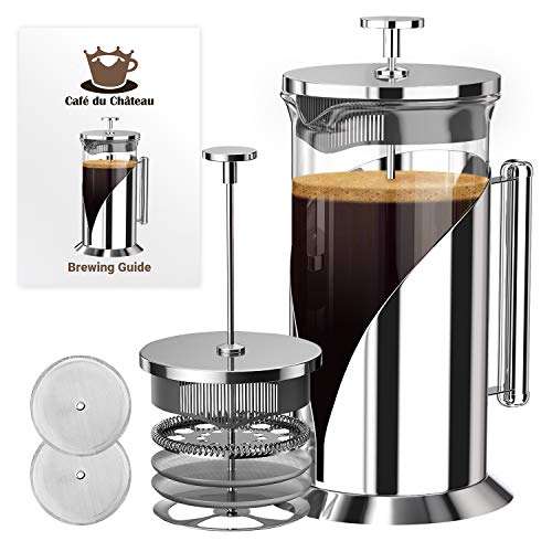 Cafe Du Chateau The Original Glass French Press Coffee Maker Versatile Coffee Press, Tea Press w/ 4 Level Filtration, Easy to Clean, BPA Free French Press Stainless Steel Coffee Maker (34oz)