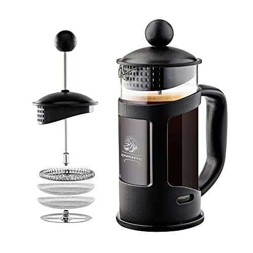 Ovente French Press Coffee, Tea and Espresso Maker, Heat Resistant Borosilicate Glass with 4 Filter Stainless-Steel System, BPA-Free Portable Pitcher Perfect for Hot & Cold Brew 12oz, Black FPT12B