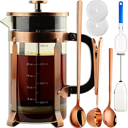 ADAMITA French Press Coffee Maker 8 cups 34 oz 304 Stainless Steel Coffee Press with 4 Filter Screens, Easy Clean Heat Resistant Borosilicate Glass – Free 100% BPA (A-Style-Copper-2A, 34 oz)