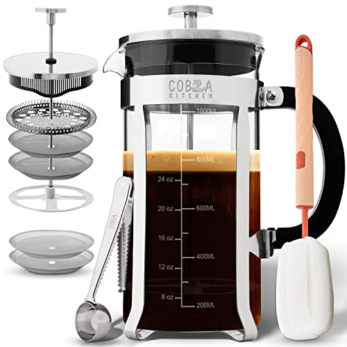 French Press Coffee Maker – Large, Borosilicate Glass Carafe, Brews Fresh Coffee, Coffee Press Cold Brew or Tea without Grounds – Makes 4 Cups – Includes Extra Filter, Measuring Spoon & Cleaning Brush