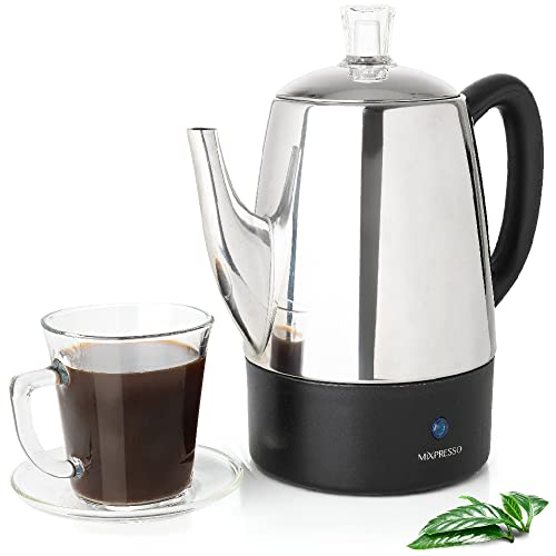 Mixpresso Electric Percolator Coffee Pot | Stainless Steel Coffee Maker | Percolator Electric Pot – 10 Cups Stainless Steel Percolator With Coffee Basket