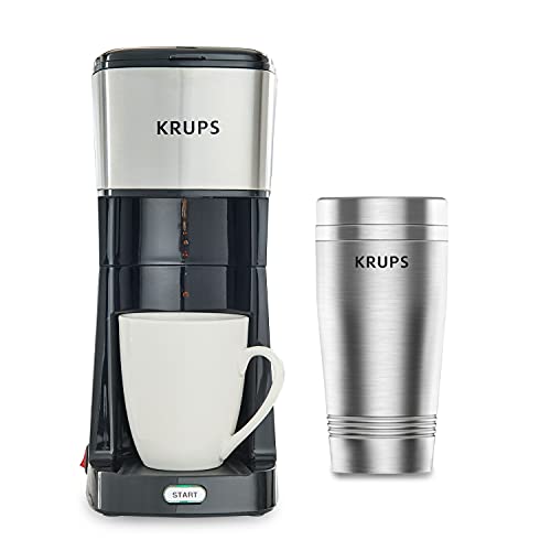 Krups Simply Brew Stainless Steel Single Serve Drip Coffee Maker amd Travel Tumbler 12 Ounce Stainless Steel Tumbler Included 650 Watts Coffee Filter, Compact Silver and Black