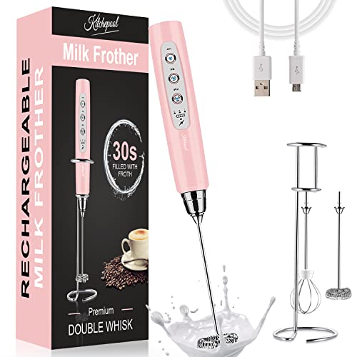 Milk Frother for Coffee – Christmas Kitchen Gifts for Women Rechargeable Handheld Foam Maker with Two Replaceable Stainless Whisks, and Three Speed Control to Choose for Cappuccino, Matcha.