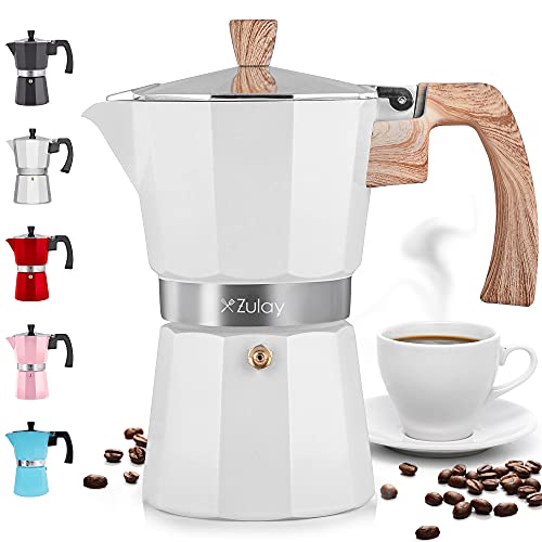 Zulay Classic Italian Style 5.5 Espresso Cup Moka Pot, Classic Stovetop Espresso Maker for Great Flavored Strong Espresso, Makes Delicious Coffee, Easy to Operate & Quick Cleanup Pot (White)