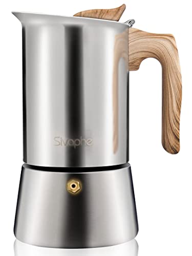 Sivaphe Stovetop Espresso Maker Stainless Steel 9 Cups, Induction Italian Mocha Pot 450ml, Camping Percolator Coffee Pot with Step-by-step Instructions (1 Cup=50ml)