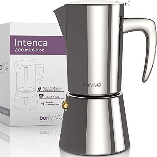 bonVIVO Intenca Stovetop Espresso Maker – Luxurious, Stainless Steel Italian Coffee Maker for Camping or Home Use – Makes 2 Cups of Full-Bodied Coffee – Chrome, 6.8 oz