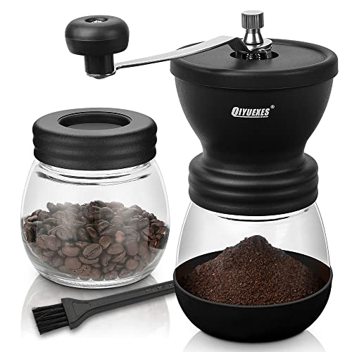 QIYUEXES Manual Coffee Grinder with Ceramic Burr for Beans, Espresso, and Spices – Portable Hand Crank Mill with 2 Glass Jars (11oz Each) and Cleaning Brush