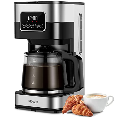 KIDISLE Programmable Coffee Maker, 10-Cup Drip Coffee Machine with Touch Screen, Glass Carafe, Reusable Filter, Warming Plate, Regular & Strong Brew for Home and Office, Black & Stainless Steel