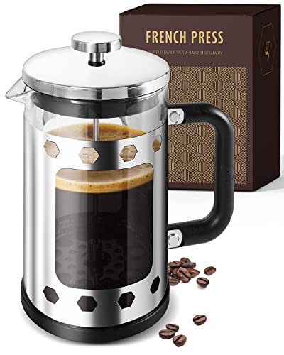 Gracie’s Finest French Press Coffee Maker – Large 34 oz. Glass Coffee Pot Carafe with Stainless Steel Filter – French Press Coffee at Home or Office – Dishwasher Safe