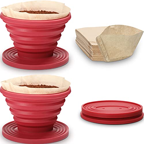 2 Pieces Collapsible Coffee Dripper Easy Red Manual Coffee Brew Maker with 80 Pieces Unbleached Paper Filters Paper Coffee Filter Reusable Silicone Coffee Dripper for Hiking, Camping, Home, Office