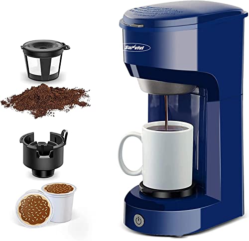 Sunvivi Single Serve Coffee Maker for Single Cup Pods & Ground Coffee, 2 in 1 Single Serve Coffee Brewer With Permanent Filter, One-touch Control Button with Illumination (Blue) ETL Certified