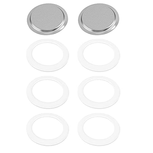 6 Pieces Silicone Gaskets with 2 Piece Stainless Filter Gasket Stainless Steel Replacement Gasket Moka Express Replacement Funnel Kits Compatible Espresso Coffee Maker Replacement Parts (6-cup)