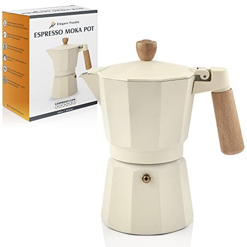 Elegant Foodie Cuban Coffee Maker – Stylish Espresso Moka Pot 6 Cup 10 Oz For Classical Taste Italian Coffee Enthusiast – Quality Wooden Parts And Aluminum Stovetop Espresso Maker