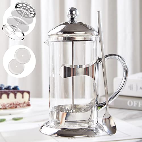 DUJUST Silver French Press Coffee Maker, Luxury Design French Coffee Press with 4-Level Filter System, High-Grade Glass for Hot & Cold Resistance, Include Long Size 304 Stainless Steel Spoon – 34oz