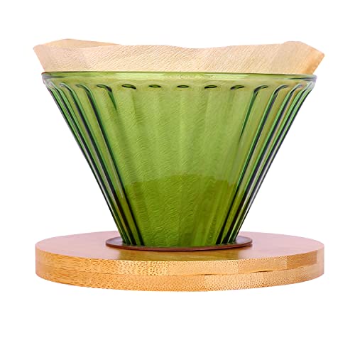 Sunormi Green Glass Pour Over Coffee Dripper With Wooden Base Stand,1-3 Cups Coffee Cone Filter with 40Pcs Paper Filters