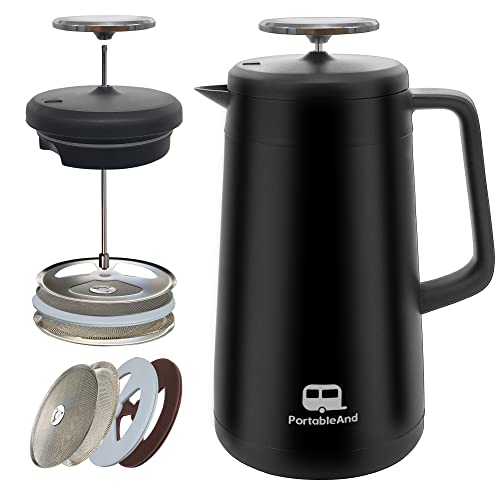 PortableAnd 34oz Large Silicone French Press Coffee Maker, 5-Level Filtration Metal Stainless Steel Double-wall Insulated Vacuum, Matte Black, Perfect for Camping, Travel, and At-Home Use