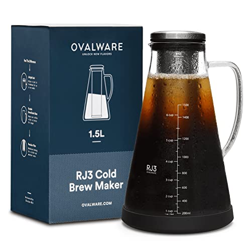 ovalware Airtight Cold Brew Iced Coffee Maker (& Iced Tea Maker) with Spout – 1.5L/ 51oz RJ3 Brewing Glass Carafe with Removable Stainless Steel Filter