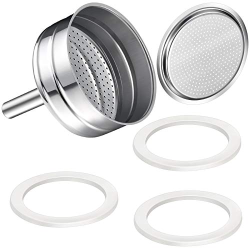 Boao Moka Express Replacement Funnel Kits, 3 Packs Replacement Gasket Seals, 1 Stainless Steel Replacement Funnel with 1 Pack Stainless Filter Replacement(6-Cup)