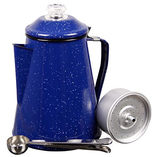 Camping Coffee Percolator – Enamel Coating Gloss Finish And Glass Cap For Backpacking, Campsite, Kitchen And FireCoffee Pot Makes 12 Cups – Comes With Basket For Grounds And Stainless Steel Spoon
