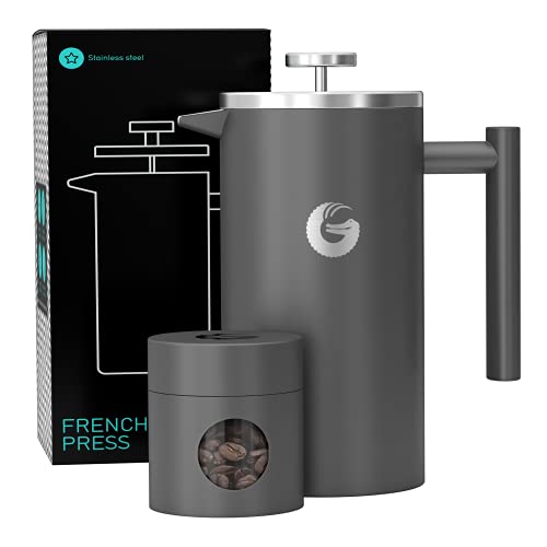 Coffee Gator French Press Coffee Maker – Thermal Insulated Brewer Plus Travel Jar – Large Capacity, Double Wall Stainless Steel – 34oz – Gray