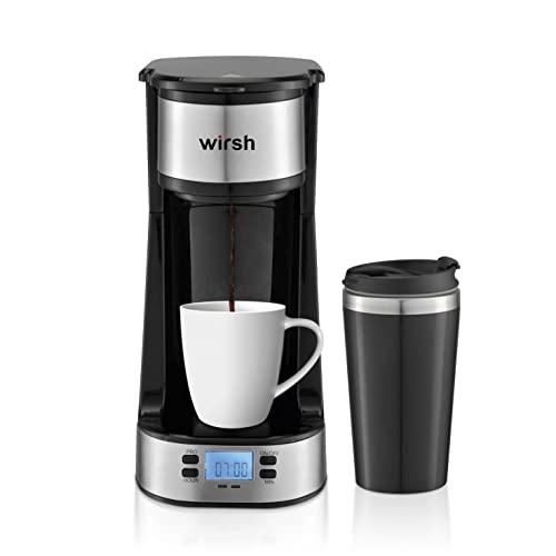 wirsh Single Serve Coffee Maker- Small Coffee Maker with Programmable Timer and LCD display, Single Cup Coffee Maker with 14 oz.Travel Mug and Reusable Coffee Filter, Non-Pod Coffee Maker,Black
