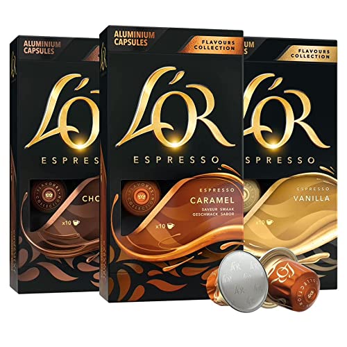 L’OR Espresso Capsules, 30 Count Variety Pack Vanilla/Chocolate/Caramel, Single-Serve Aluminum Coffee Capsules Compatible with the L’OR BARISTA System & Nespresso Original Machines