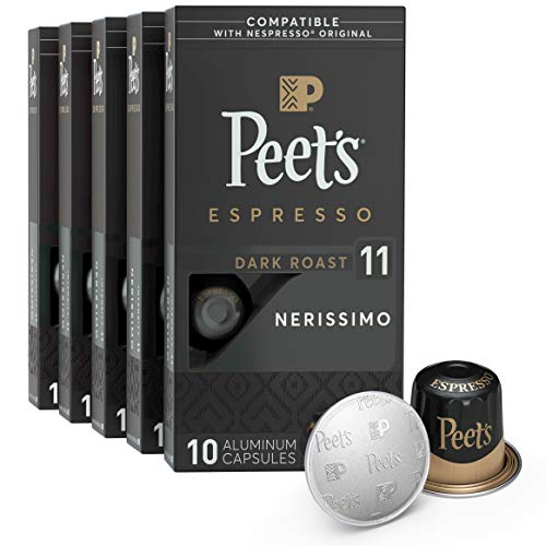 Peet’s Coffee, Dark Roast Espresso Pods Compatible with Nespresso Original Machine, Nerissimo Intensity 11, 50 Count (5 Boxes of 10 Espresso Capsules)