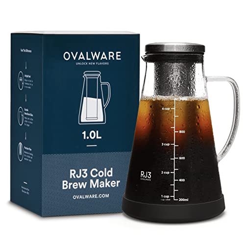ovalware Airtight Cold Brew Iced Coffee Maker and Tea Infuser with Spout – 1.0L / 34oz RJ3 Brewing Glass Carafe with Removable Stainless Steel Filter