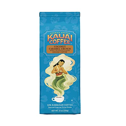 Kauai Hawaiian Ground Coffee, Coconut Caramel Crunch Flavor (10 Ounces) – 10% Hawaiian Coffee from Hawaii’s Largest Coffee Grower – Bold, Rich Blend