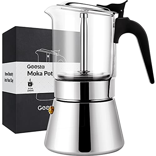 GEESTA Premium Crystal Glass-Top Stovetop Espresso Moka Pot – 4 / 6/ 9 Cups Stainless Steel Coffee Maker- 240ml/8.5oz/6 cup (espresso cup=40ml)