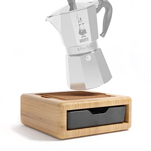 HEXNUB – Moka Pot Stand designed for Bialetti, Grosche, Primula Stovetop Espresso Coffee Maker Percolator, Bamboo Organizer with Non Slip Heatproof Cork Mat, Accessory Drawer