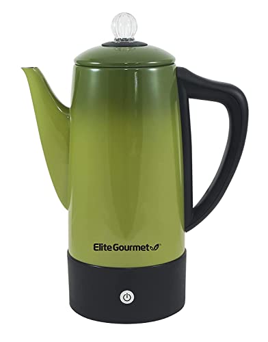 Elite Gourmet EC812G Vintage 50s Electric Coffee Percolator Clear Brew Progress Knob Cool-Touch Handle Cord-less Serve, 12-Cup, Retro Green