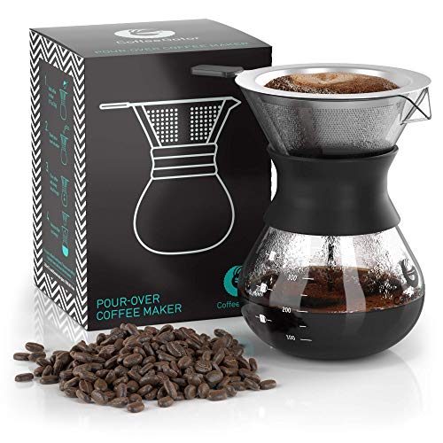 Coffee Gator Pour Over Coffee Maker – 10.5 oz Paperless, Portable, Drip Coffee Brewer Pour Over Set w/Glass Carafe & Stainless-Steel Mesh Filter, Black