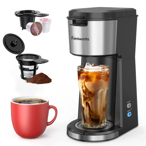 Famiworths Iced Coffee Maker, Hot and Cold Coffee Maker Single Serve for K Cup and Ground, with Descaling Reminder and Self Cleaning, Iced Coffee Machine for Home, Office and RV